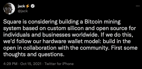 Square CEO, Jack Dorsey, has interest in developing an open and collaborative bitcoin mining system
